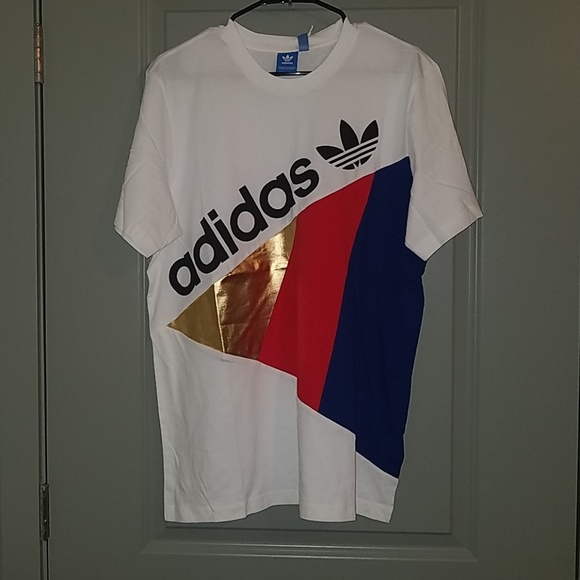 red white and blue adidas shirt